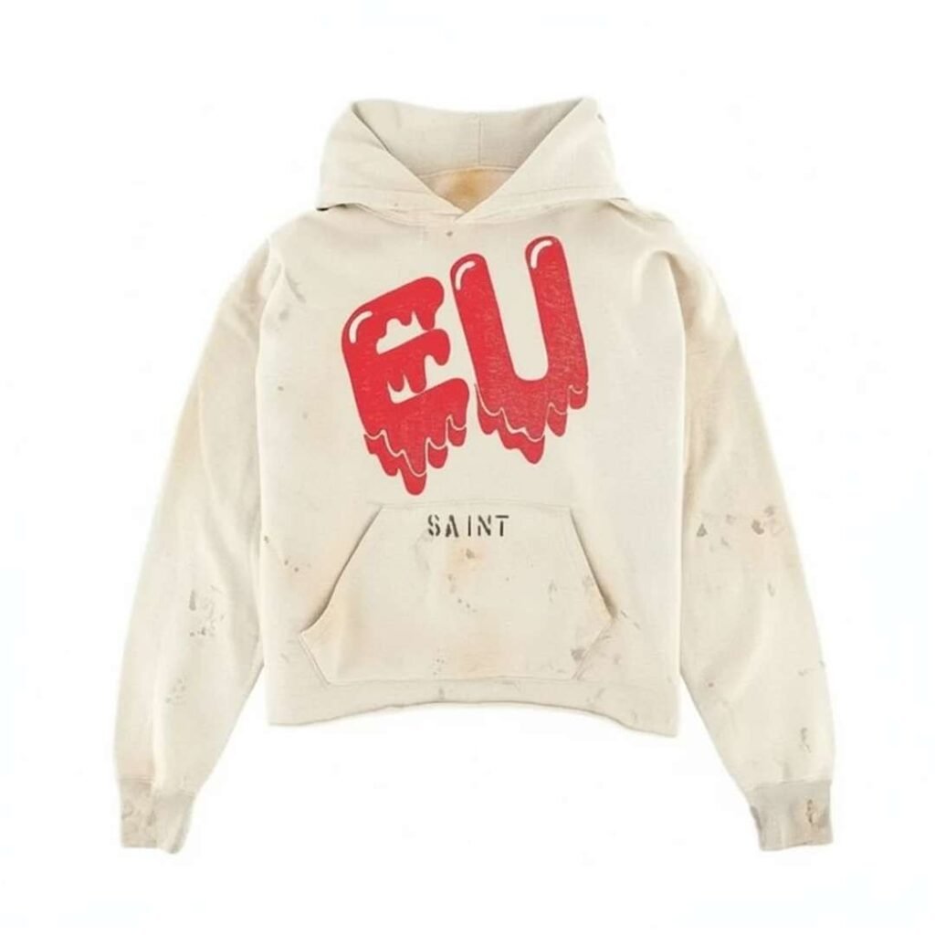 Beige Saint Michael x Emotionally Unavailable Hoodie with red graphic