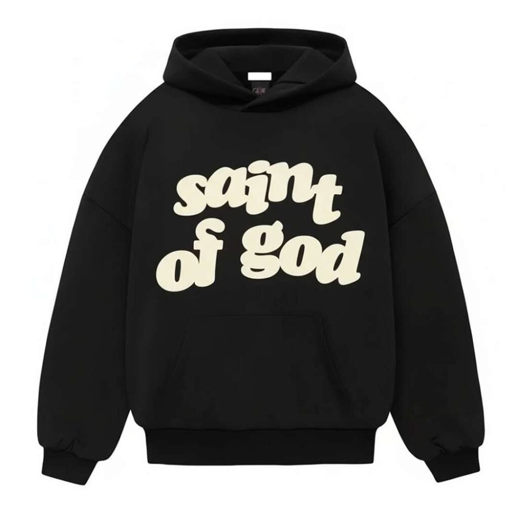 Black Fear of God Saint of God Hoodie in black with graphic front design